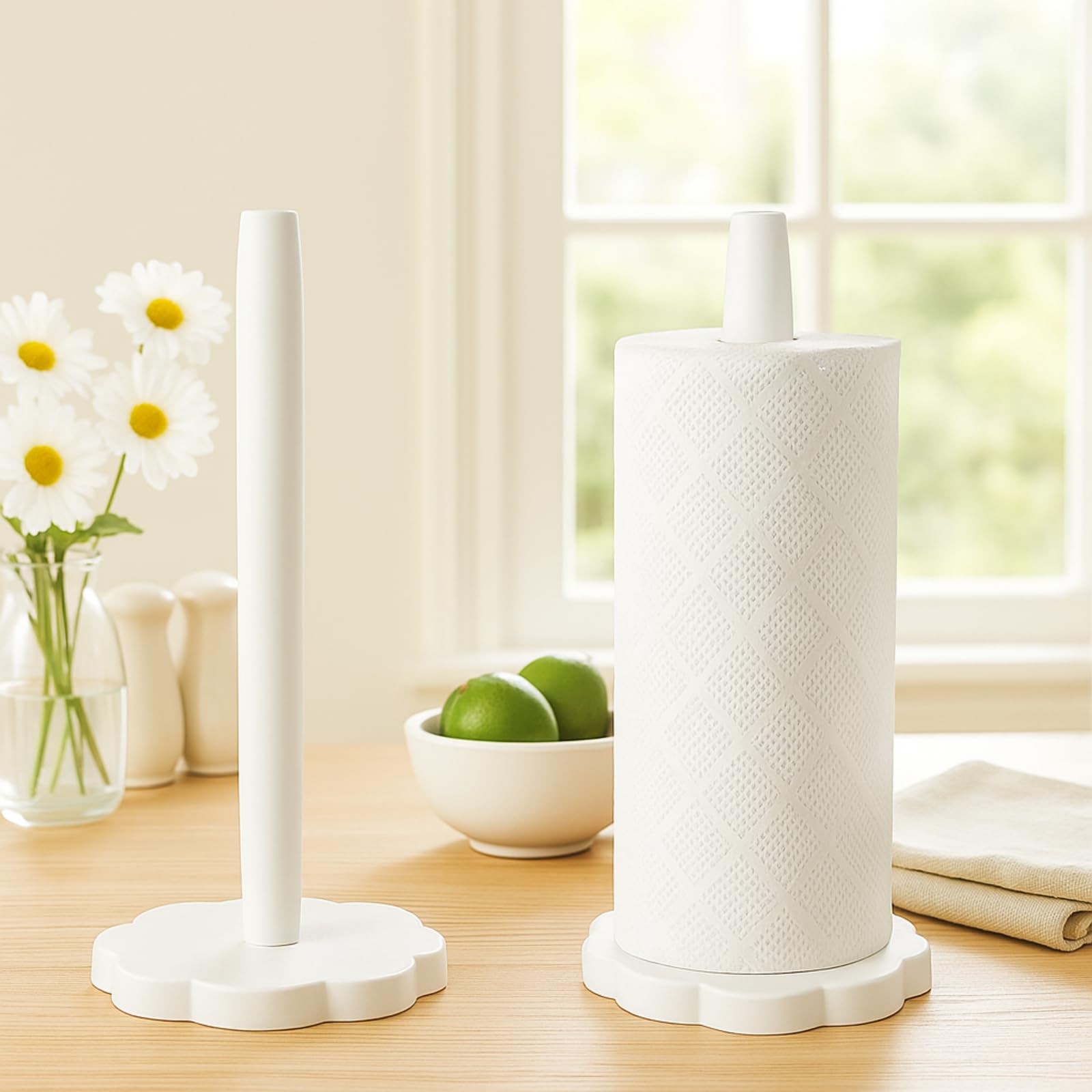 Colingmill White Scalloped Paper Towel Holder Countertop Wooden Cute Rustic Boho Kitchen Towel Roll Stand with Anti Skid Base Rack Napkin Organizer