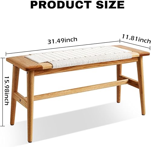 Miniatura 2 de 80 cm Banco de comedor tejido de playa con marco de banco de madera de roble macizo 100%, banco de cama y zapatero de diseño de cuerda tejida a mano