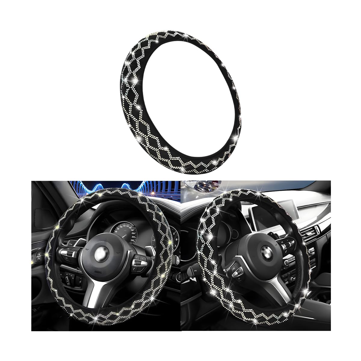 AUCELI Bling Car Steering Wheel Cover, Crystal Diamond Rhinestones Anti-Slip Breathable Soft Automotive Steering Wheel Protector for Women, 15 Inch Universal for SUV, Truck, RV（AB）