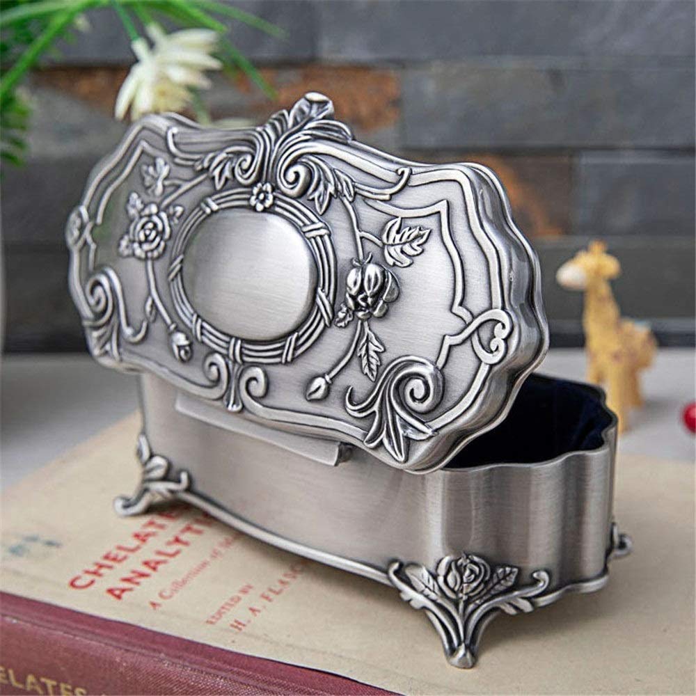 Ornato 5.5 x 3 x 2 Pollici Scatola Rettangolare Scatola Anticata organizzatore Gioielli Anello Decorativo Anello Collana Braccialetto amuleto, Argento