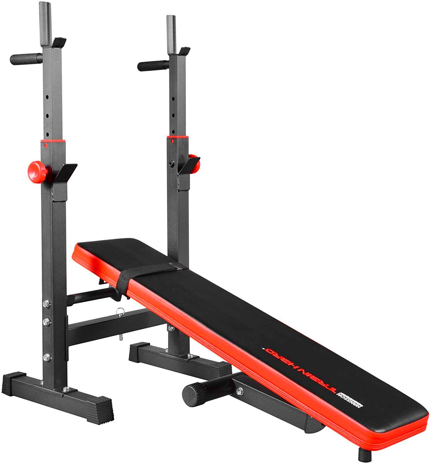 TrainHard BlackCombo ławeczka do podnoszenia ciężarów, wielofunkcyjna, składana i regulowana, z obciążeniem od 50 kg do 160 kg, długa sztanga krótka, sztanga łamana, np. wybór (z hantlami o wadze 50 kg)