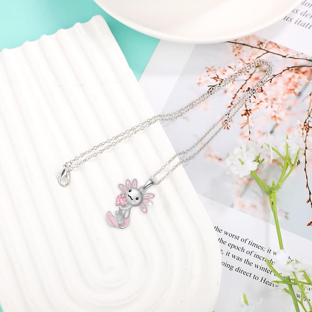 Cute Axolotl Necklace for Women Pink Salamander Crystal Pendant Necklace 925 Sterling Silver Animal Jewelry for Birthday Christmas Graduation Gift - Image 2