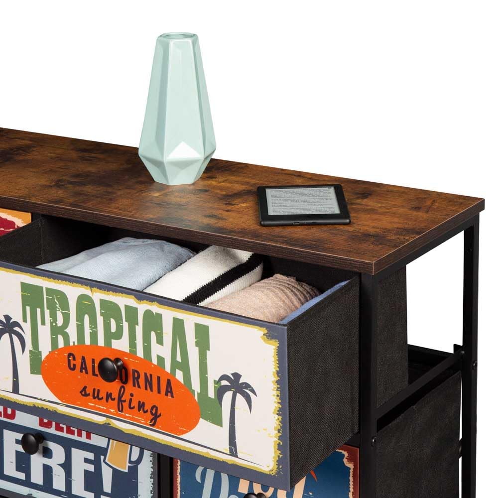 AKTIVE Max Home Mehrzweck-Schlafzimmerkommode, Retro- und Vintage-Grafiken, 11 leichte Stoffschubladen, 103 x 30 x 98 cm, Stahlrahmen, Holzplatte, Nachttische, Wohnzimmermöbel (18404)