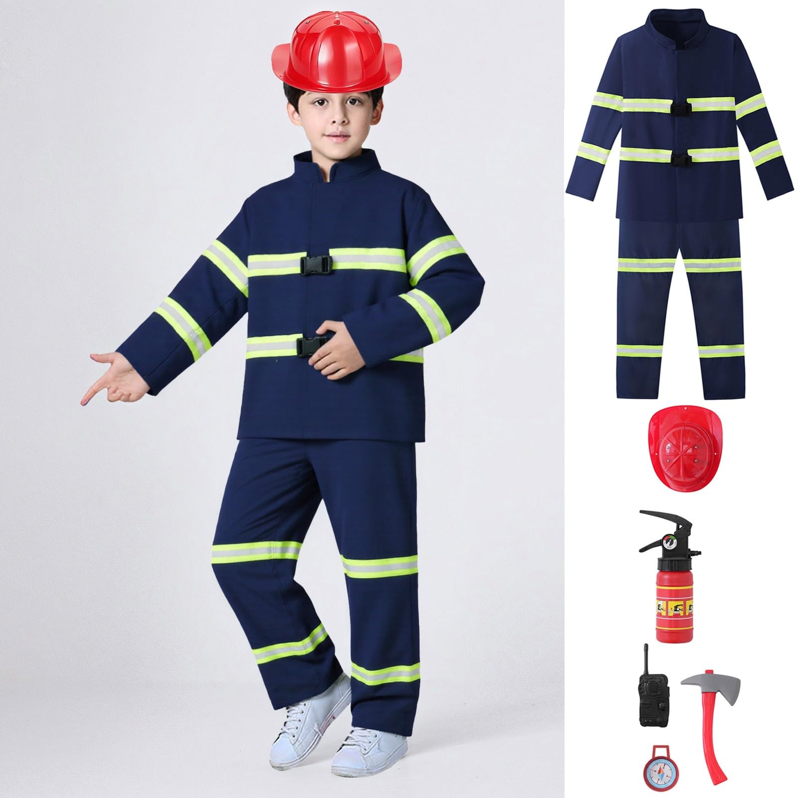 Generico Costume da Pompiere per Bambini, Divisa da Vigile del Fuoco Blu con Casco Rosso, Estintore, Walkie Talkie e Attrezzi, Abito per Carnevale, Halloween e Recita Scolastica