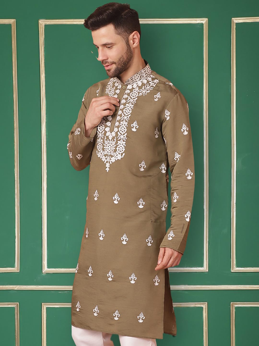 Jompers Men's Olive Chikankari Embroidered Kurta Only (Olive, Xl)