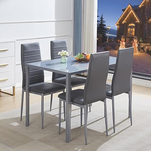 ROZHOME Juego de mesa de comedor para 4 mesa de cocina y sillas de 5 piezas con mesa de vidrio templado y 4 sillas de marco de metal de piel