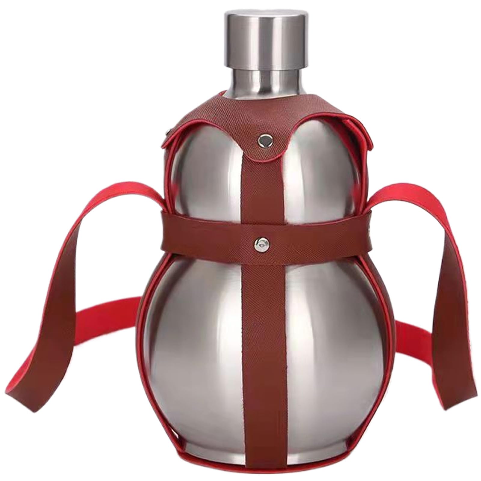 Ameble 53 Oz Stainless Steel Gourd Water Bottle, Portable Drinking Gourd with Brown Strap, Leak-Proof Bottle for Juice, Milk, Wine, Drinks, Travel