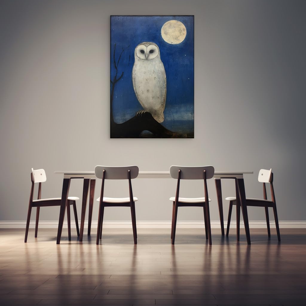 Canvas for Living room. Lunar Sentinel: A Majestic White Owl Under the Midnight Glow, 27 x 18 inch Canvas Wall Art - Ready to Hang - 69x46 cm (27x18 inch)