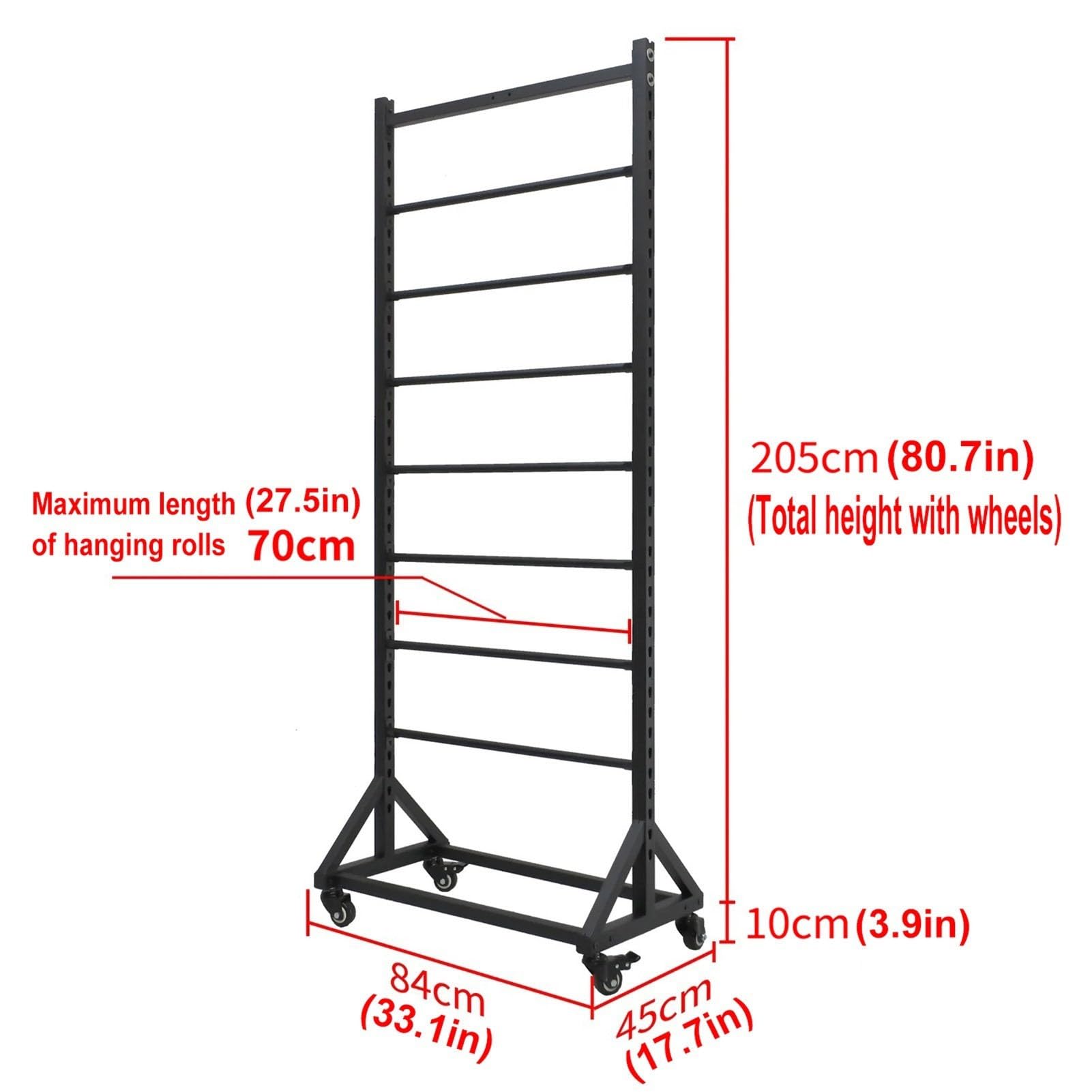 Mobile Metal Wire Spool Storage Rack, Commercial Heavy Duty Vinyl Roll Holder, Commercial Transfer Paper Tape/Wallpaper/Window Film Display Rack with Adjustable Hanging Rod for Garage Workshop(7 rods)