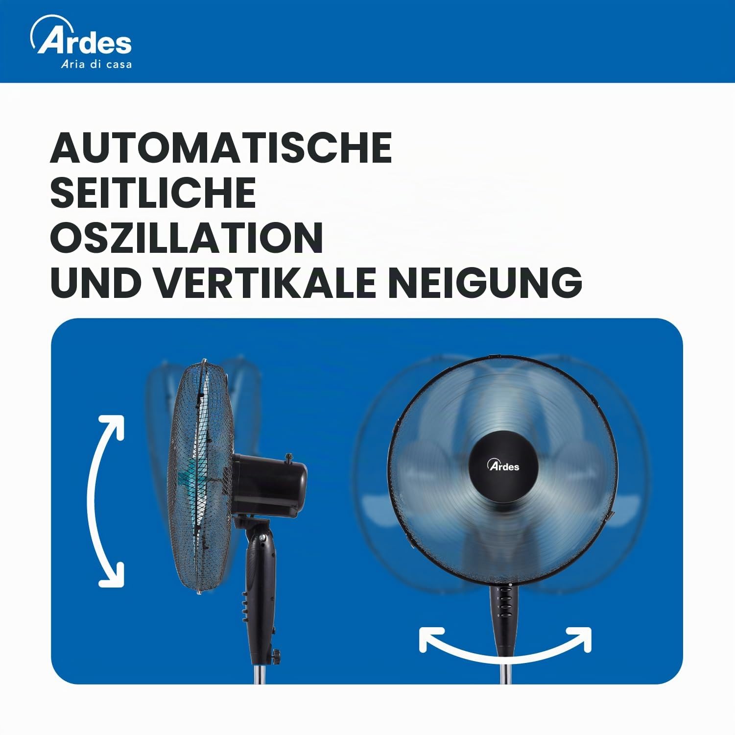 ARDES - Standventilator, leistungsstark, leise, 3 Flügel, 40 cm, oszillierend, mit verstellbarer Höhe und Neigung, Ardes-Standventilator, 3 Geschwindigkeitsstufen, Modell Penny AR5AM40P