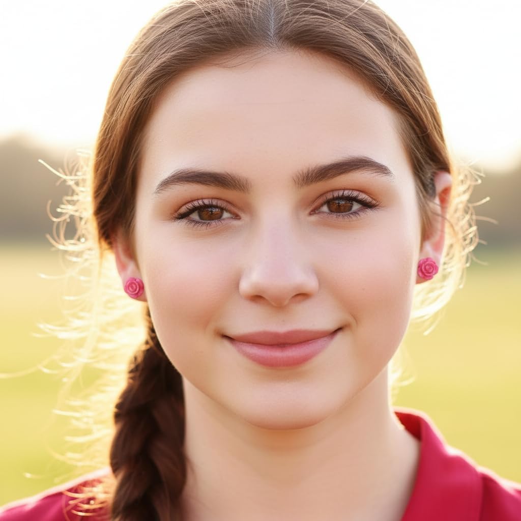 Titanium Post Rose Earrings Hypoallergenic (10mm, Coral Pink) - Image 2