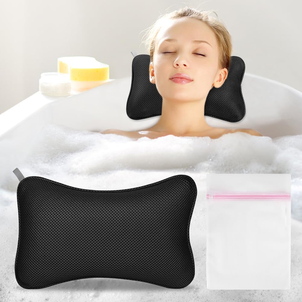 Flintronic Almohada de Baño, Almohada Bañera con 2 Ventosas Antideslizantes y Bolsas de Lavandería, Reposacabezas Ergonómico, Puede Soportar Cabeza Cuello Espalda, para SPA en Casa en Hotel Negro