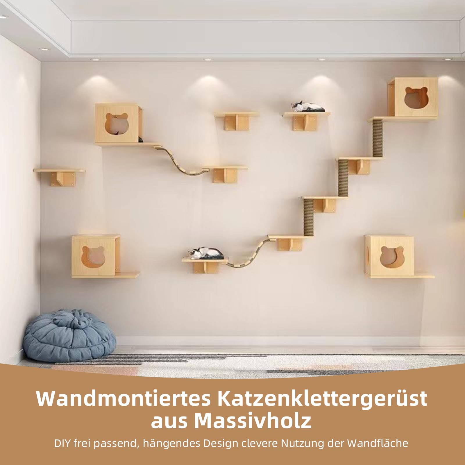 Katzen Kletterwand Set, Katzen Wandelemente, Massivholz Katzenwandmöbel Set, Katzentreppe Wand für Katze Catwalk, inkl. Katzenhaus, Katzentreppe, Katzenkratzbaum, Katzensprungbrett