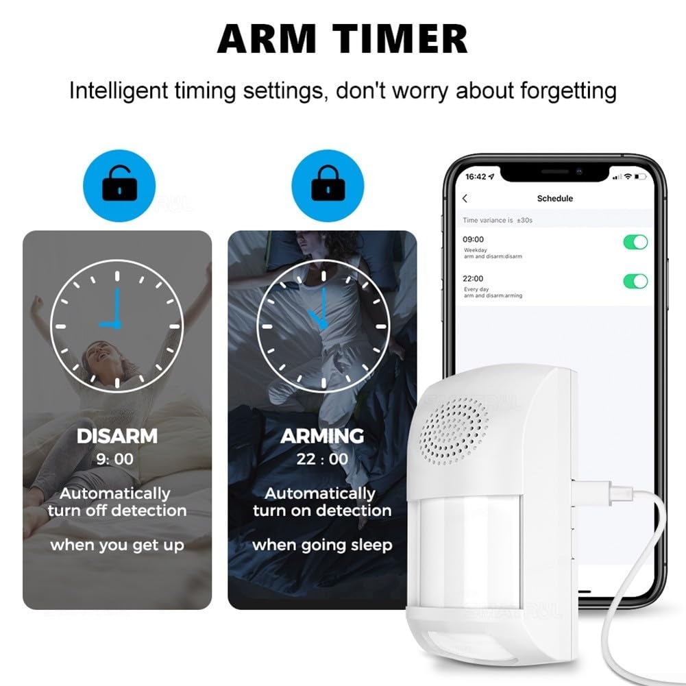 Bewegungsmelder Innen Alarm mit Sirene, für Tuya Ton und Lichtalarm, Drahtloser Infrarot-Detektor PIR Bewegungsalarm, für Zuhause/Garage/Van/Schuppen/Geschäft