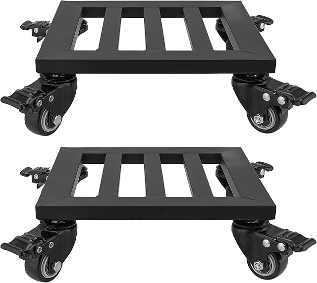 SINJEUN 2 Pack 23 x 23 cm Square Plant Pot Stand on Wheels, Black Metal Plant Caddy Square Plant Roller with Metal Lockable Caster Wheels Heavy Duty Rolling Plant Dolly for Outdoor Indoor