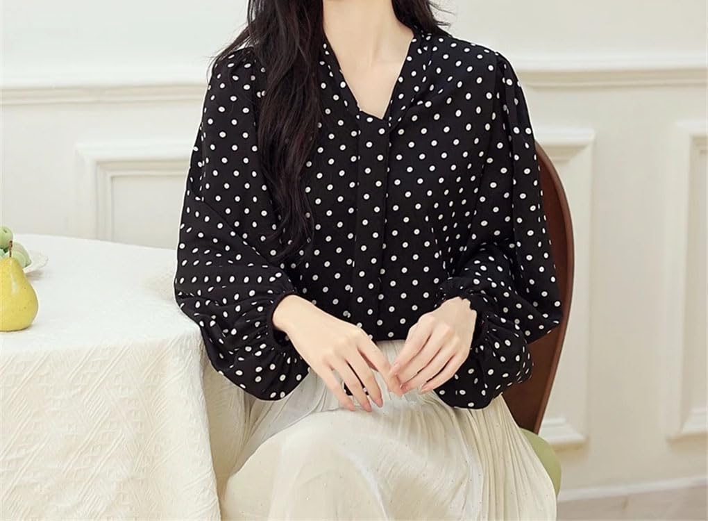 Blusa de manga larga con cuello en V para mujer, con cordones, de gasa, a lunares, sin botones, camisas