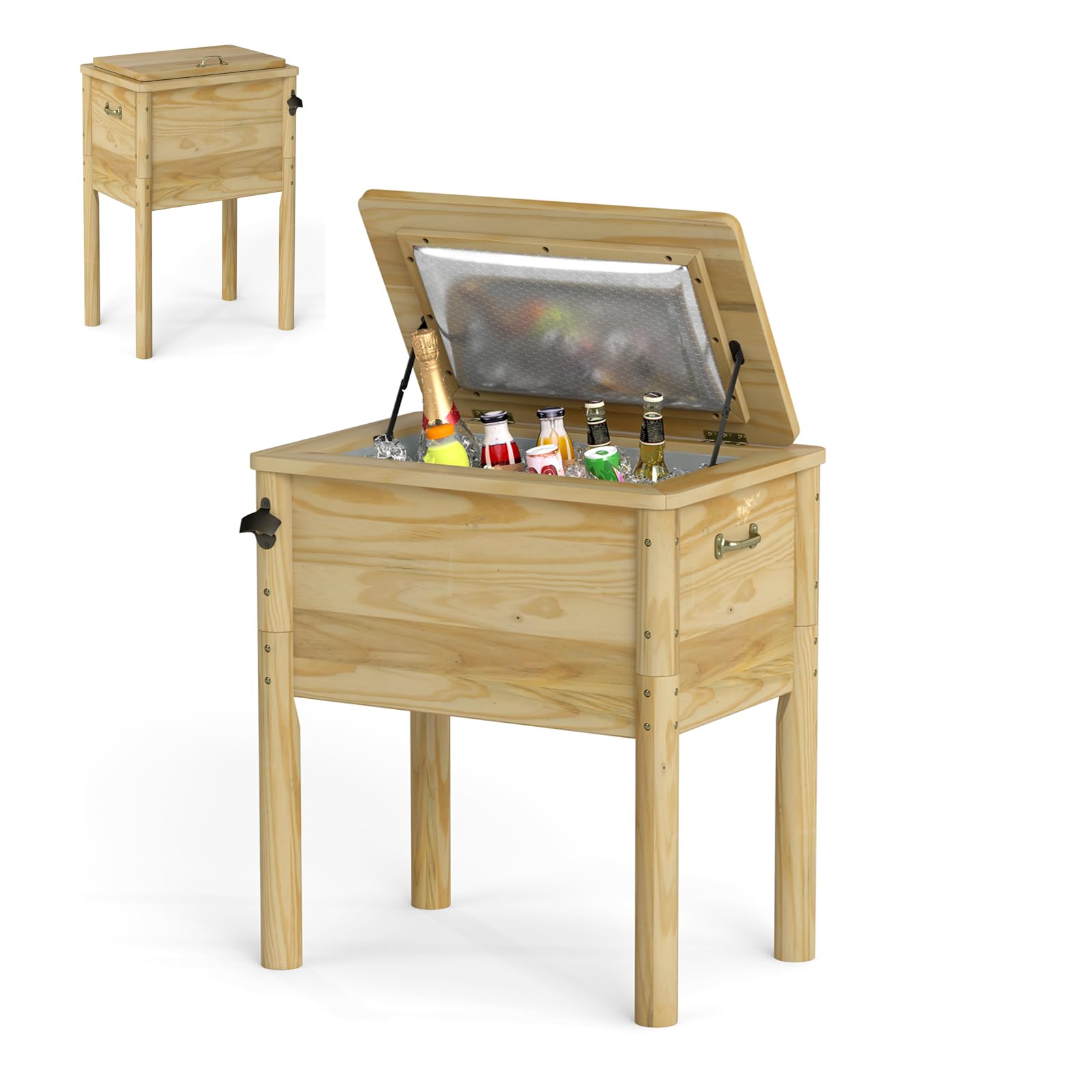 SOARS Frigorifero per rotelle, 51 l, bar all'aperto mobile 67 x 47 x 74 cm, tempo di mantenimento 2-4 ore, materiale in legno di pino solido, per giardino, terrazza, piscina, bistrot, naturale