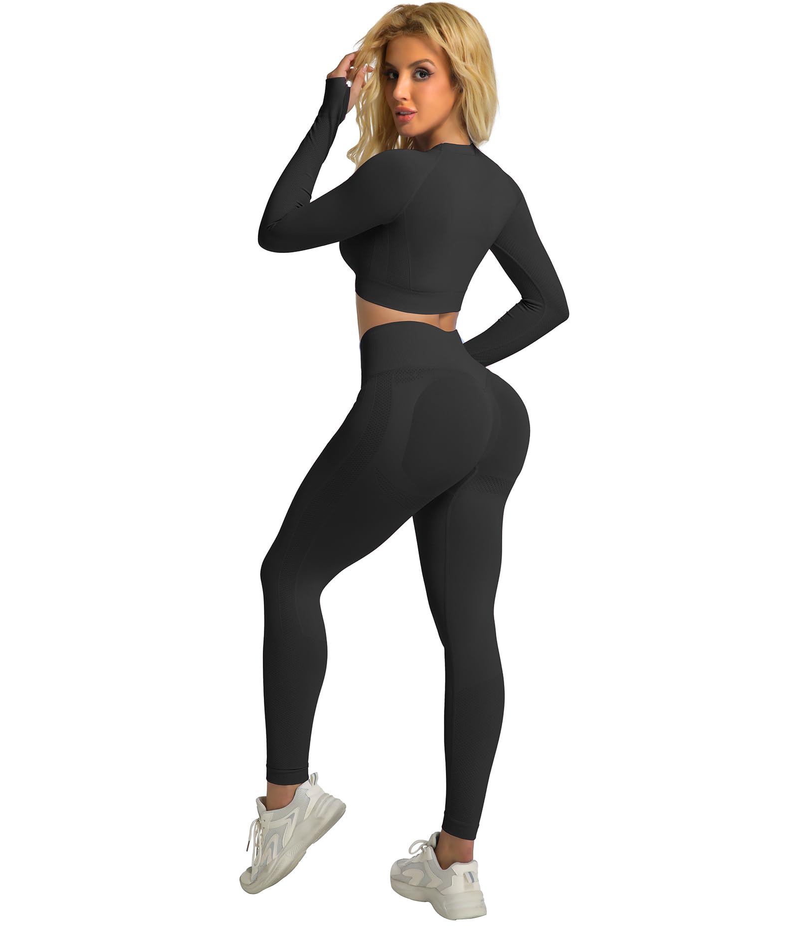 YOAKUKA 2 Piece Workout Legging Sets for Women Yoga Gym Outfit Seamless Long Sleeve Athletic Active Wear Tummy