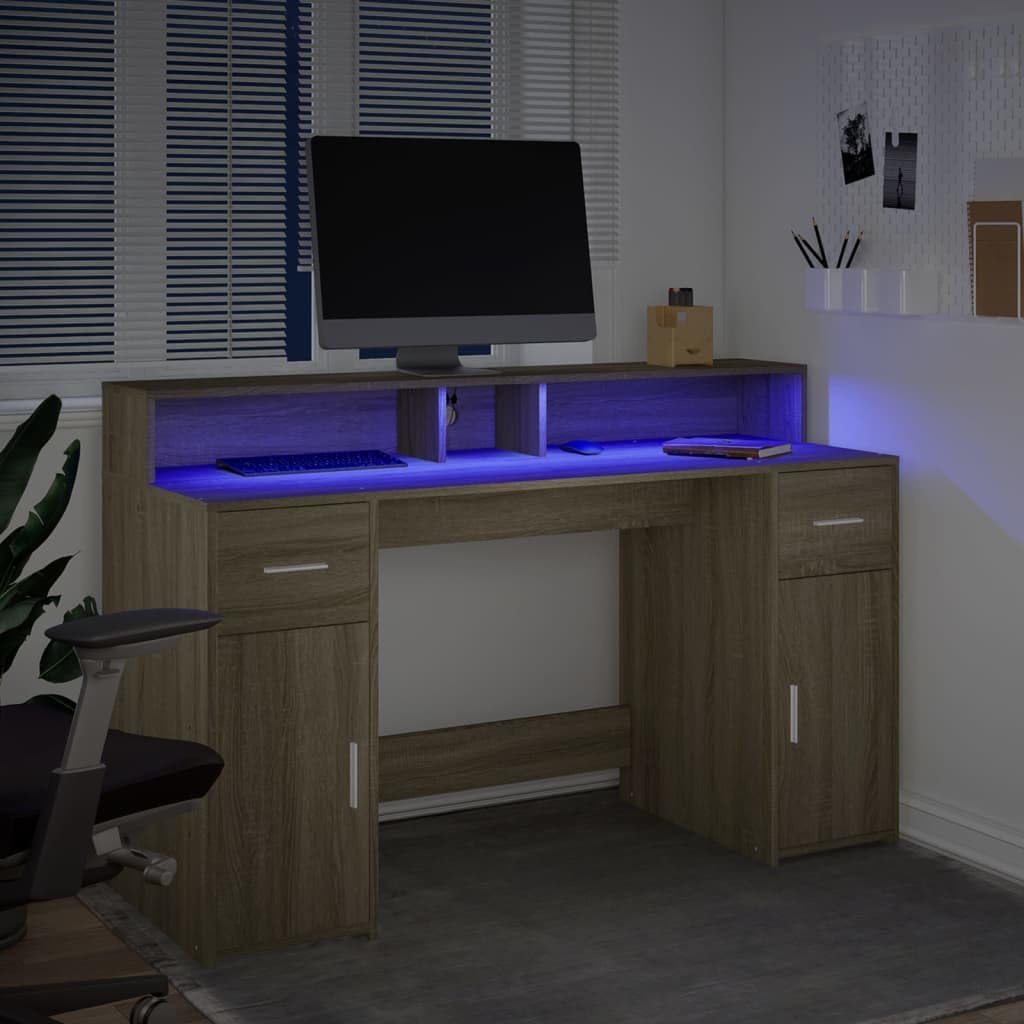 Scrivania a LED in rovere Sonoma, 140 x 55 x 91 cm, in legno con illuminazione RGB, porta USB, vano portaoggetti, cassetti, scrivania da ufficio