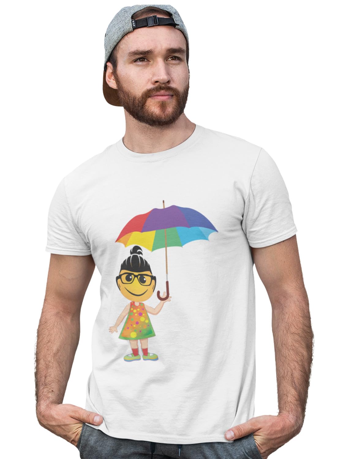 Classy Creation A Young Emoji Girl with Umbrella Printed T-Shirt (White) - Clothes for Emoji Lovers - Suitable for Fun Events- Foremost Gifting Material for Your Friends and Close Ones