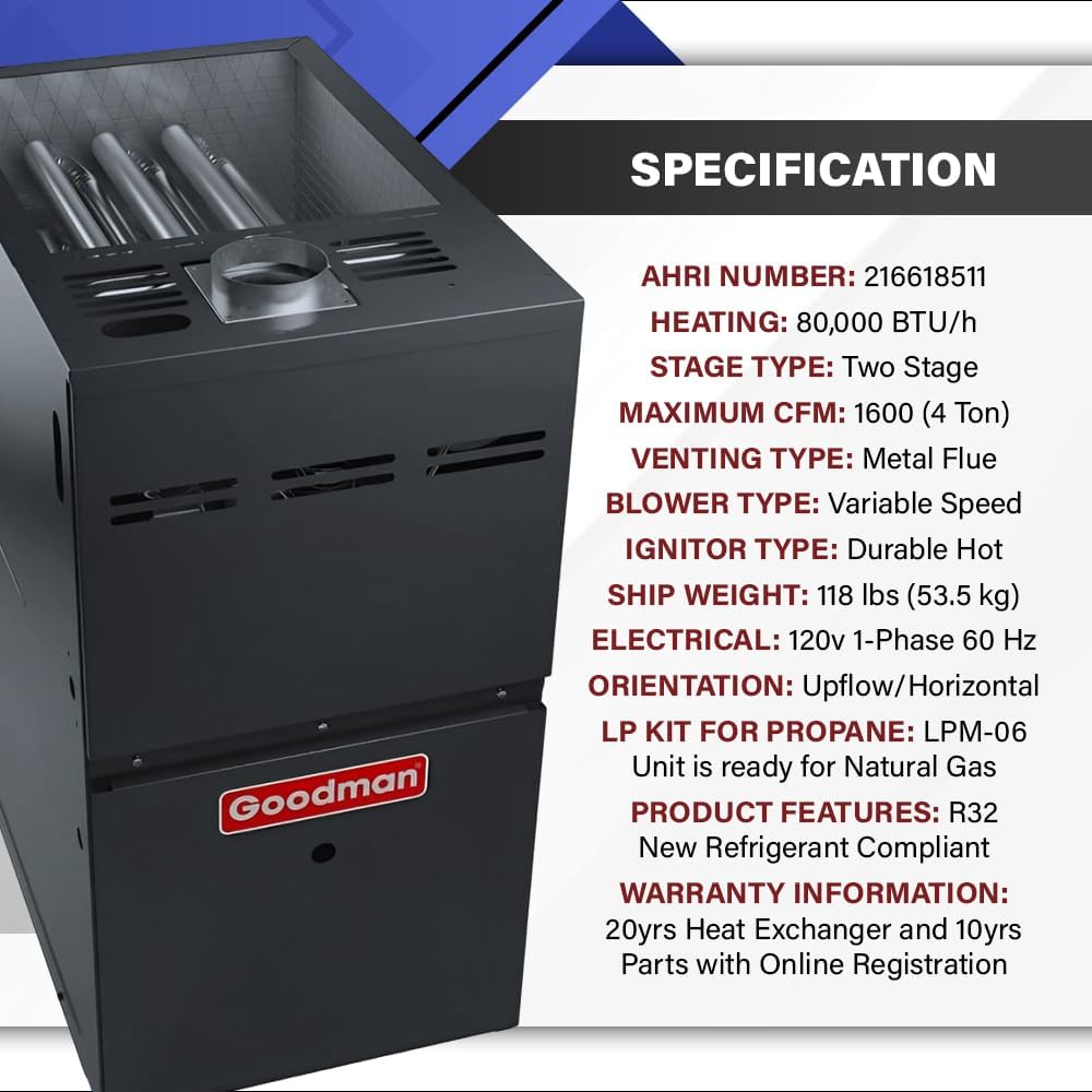 Goodman 80% 80,000 BTU Two Stage Gas Furnace with LP Kits - 21" Width - Upflow/Horizontal | 1600 CFM R32, Variable Speed, HVAC Low NOx Heater