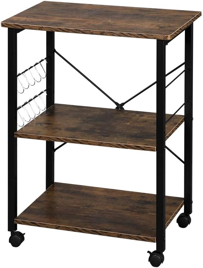 3-Tier Kitchen Baker's Rack with Wheels, Microwave Cart Utility Storage Shelf Rolling Bakers Rack with 10 Hooks Organizer Workstation for Kitchen (Vintage)