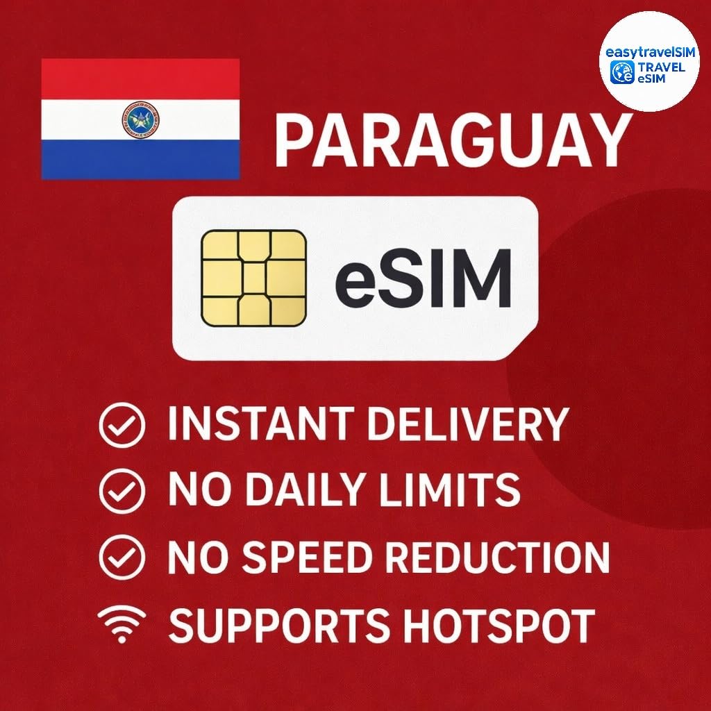 Paraguay eSIM High Speed Data Supports Hotspot 30 Days 3-20GB Email Delivery (10GB for 30 Days)