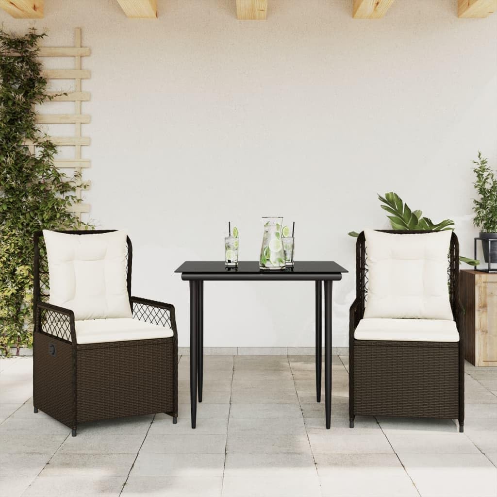 Salon de jardin 3 pièces marron résistant aux intempéries avec table carrée en verre trempé
