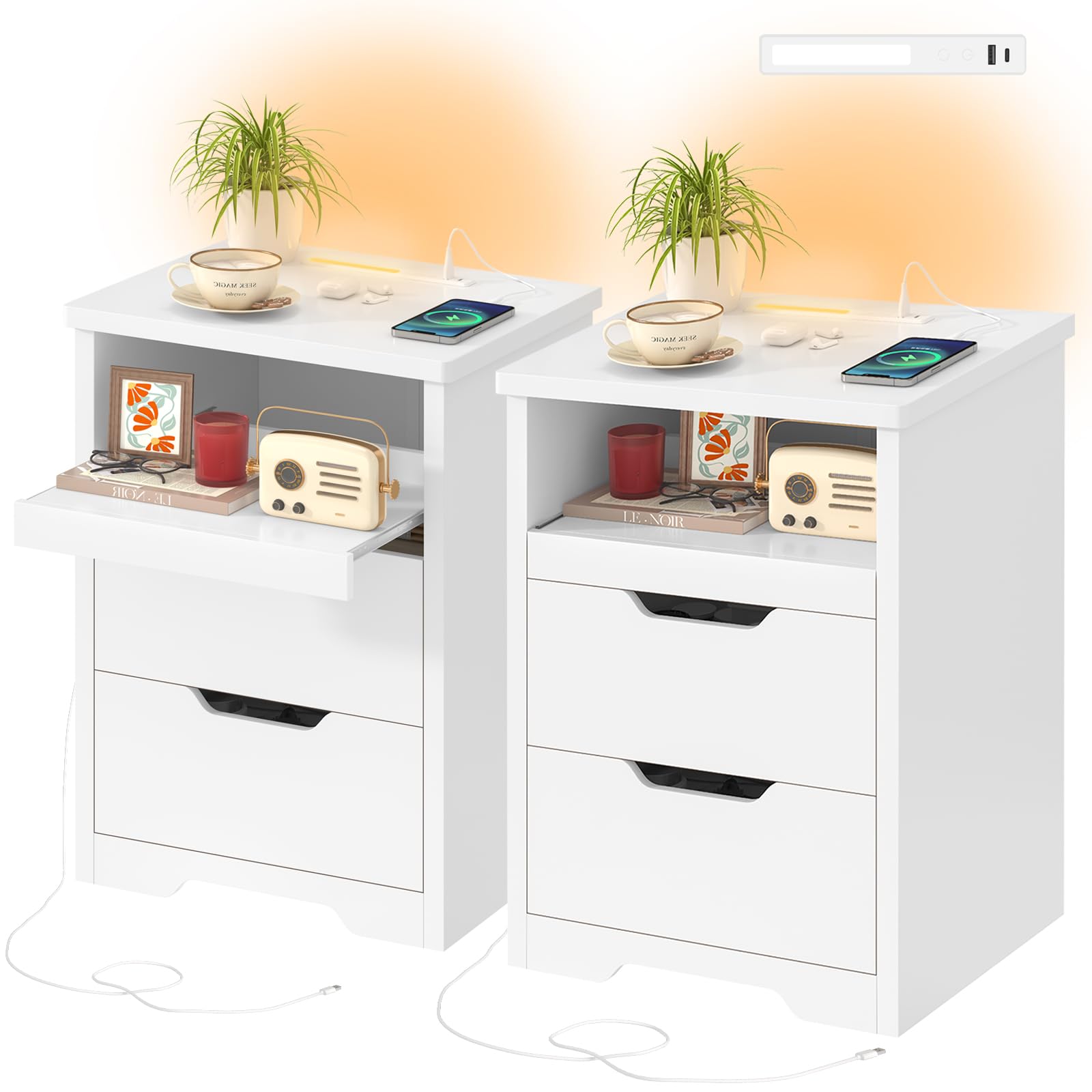 TEENFON Set di 2 Comodini con Camera da Letto con Luci LED 3 Colori, Ricarica Rapida USB/Type-C, Comodino Moderno con Vassoio Estraibile e 2 Cassetti, Bianco
