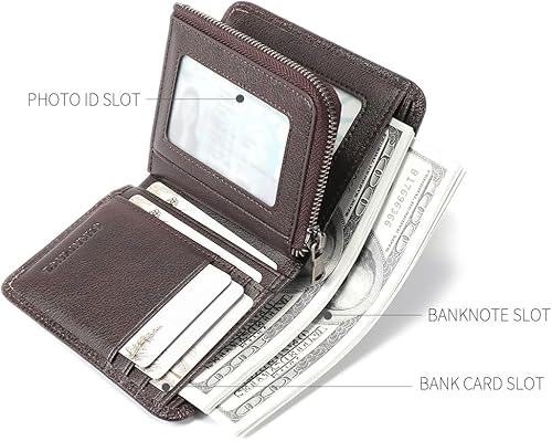 Miniatura 3 de Cartera de cuero con cremallera para hombre con bloqueo RFID con 8 ranuras para tarjetas, 2 bits de fotostarjetas de identificación, 2 ranuras