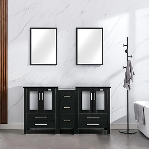 eclife Juego de lavabo de baño de 60 pulgadas, color negro con gabinete lateral, soporte de pedestal de madera con espejos de tocador de baño,