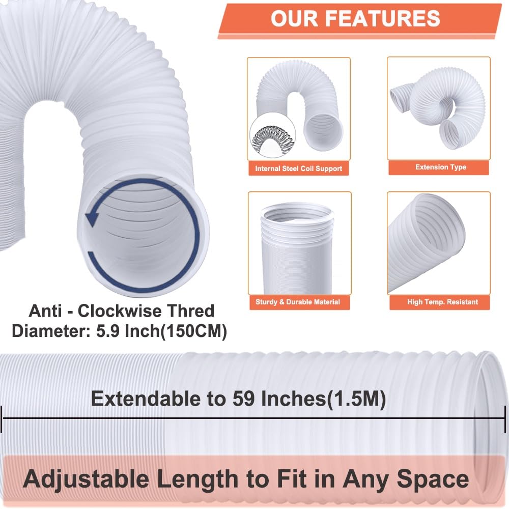 Kit completo de sellado de ventana de 6 piezas para aire acondicionado portátil, se adapta a ventanas y puertas correderas, se extiende hasta 87 pulgadas, incluye manguera de escape de 5.9 pulgadas y