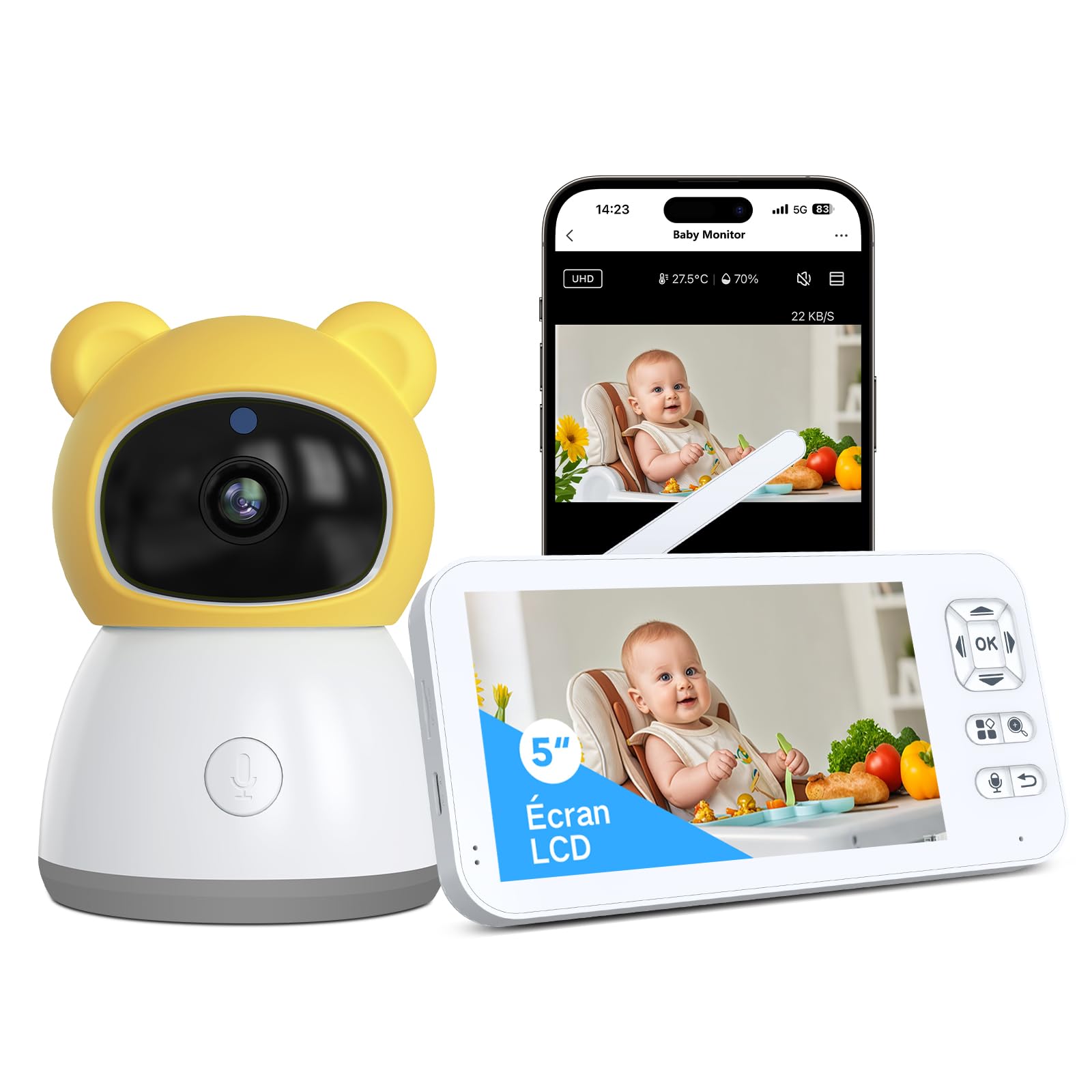 XPJ 2K 5" - Cámara de bebé con aplicación de teléfono, rotación de 360° luces de noche coloridas, zoom 4X, monitoreo de movimiento, seguimiento automático, zona de alarma personalizada