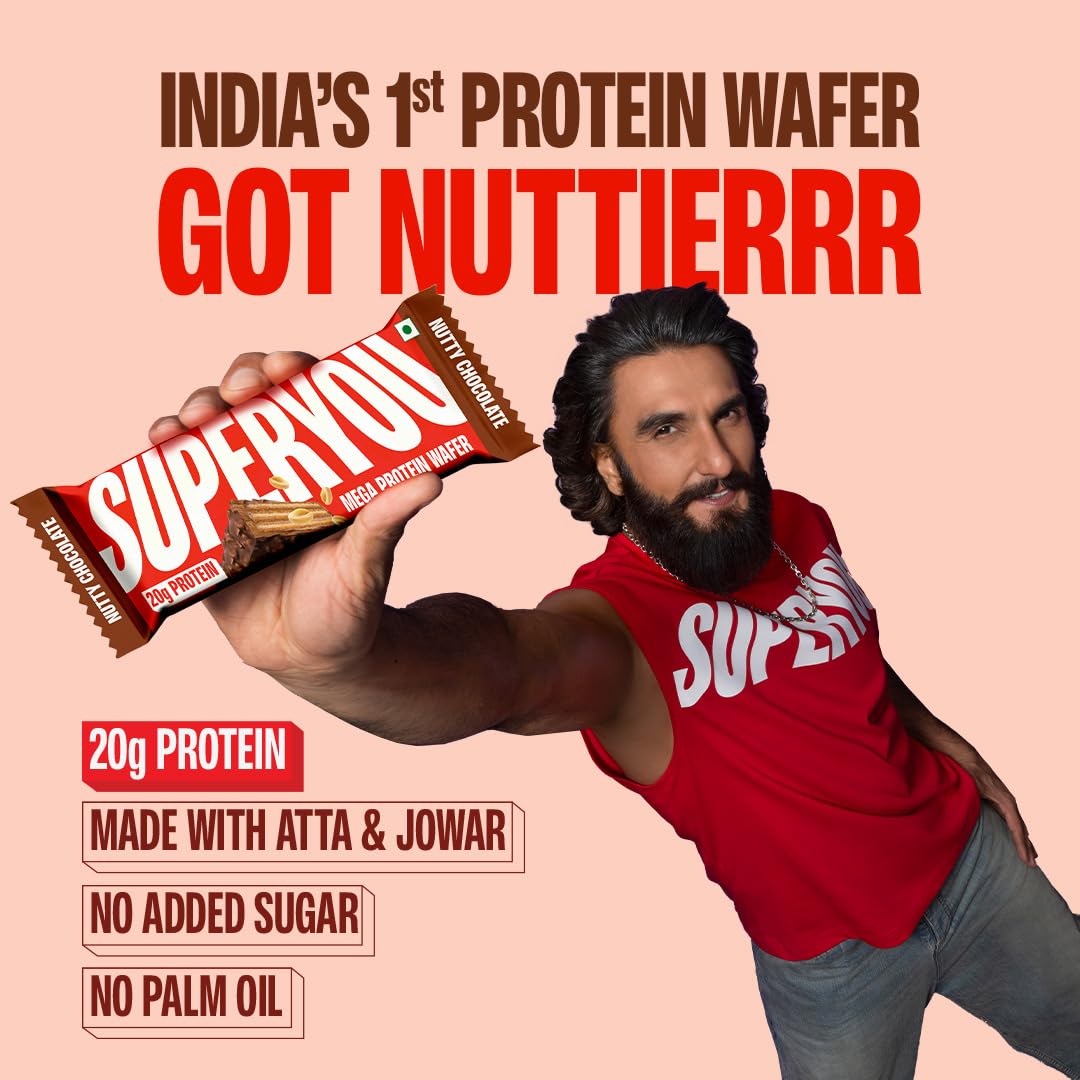 Superyou Nutty Chocolate Mega Protein Wafer Bar (Pack of 6) 20G Protein, 4.8g Fibre, No Added Sugar | Yeast Fermented |Energy Bars|Crunchy Wafer Bar|100% Vegetarian|No Palm Oil | 360g 2