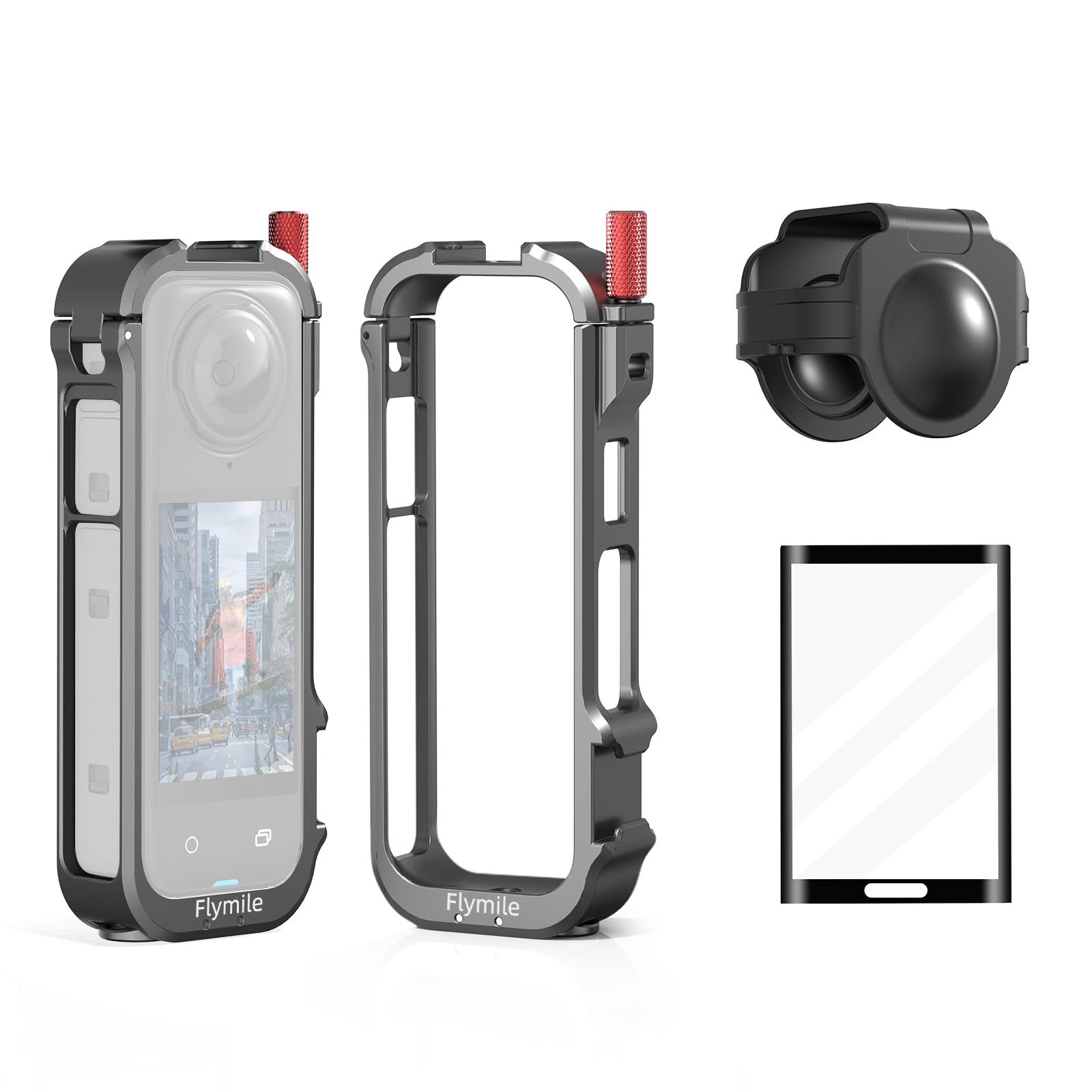 BRDRC Klatka ramy aparatu kompatybilna z Insta360 X4, klatka ochronna ze stopu aluminium z uchwytem na zimną stopkę, silikonowa osłona obiektywu do mini mikrofonu LED