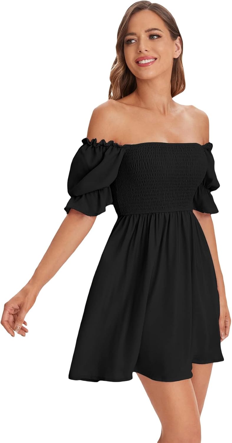 WDIRARA Women's Square Neck Flounce Short Sleeve Shirred Ruffle Hem Dress - Image 4