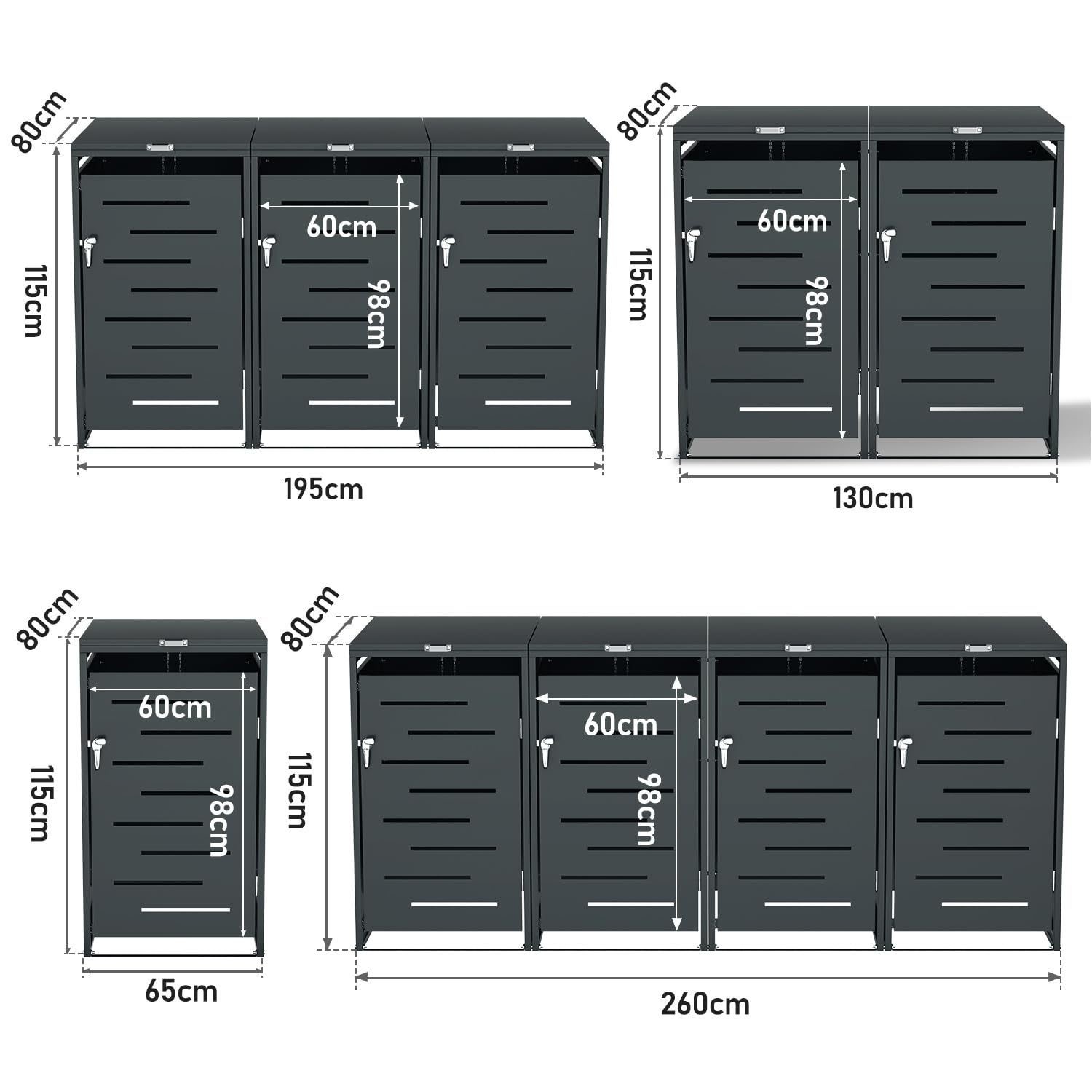 Lot de 2 cache-poubelles pour 2 poubelles de 120 l et 240 l, construction en acier revêtu par pulvérisation, verrouillable avec 2 serrures, couleur anthracite