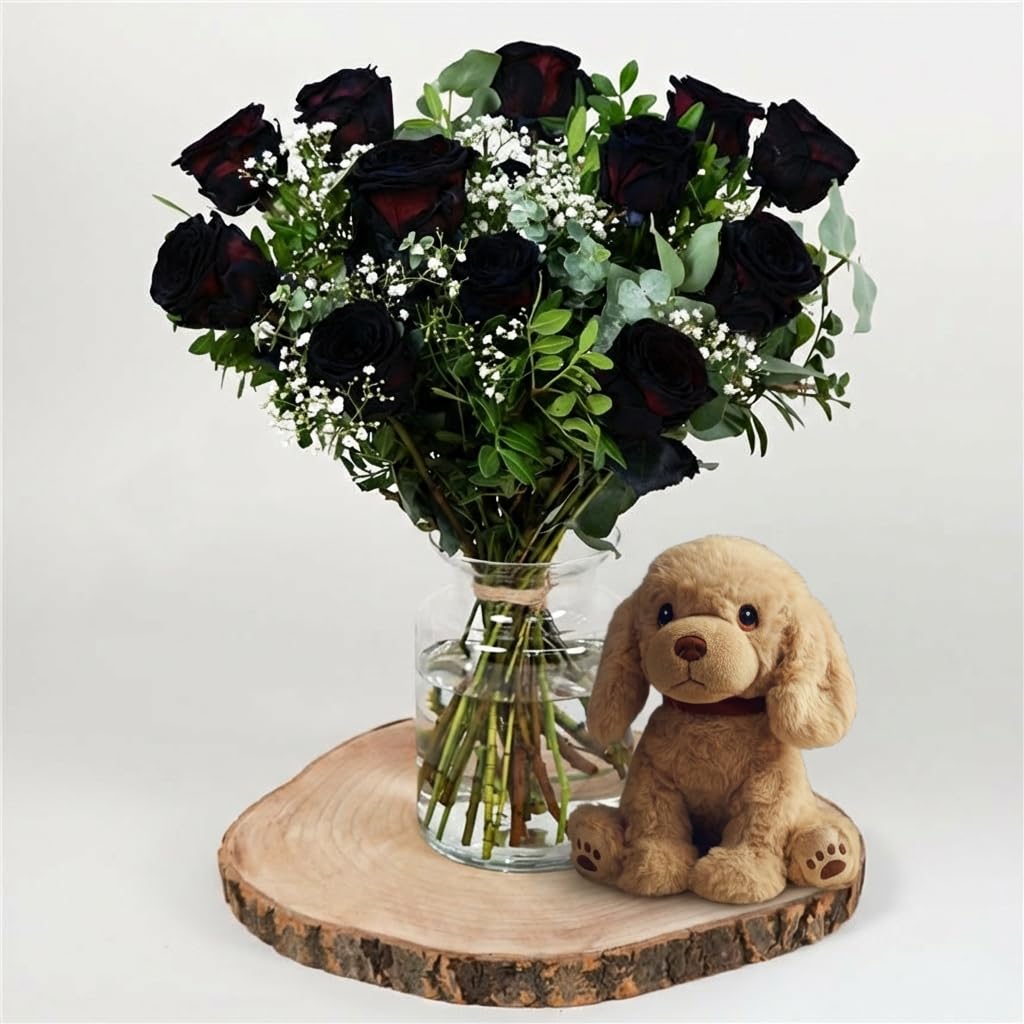 Flower Of Love Black Fresh Flower Bouquet With Love Bear, Romantic Valentine's Day Gift For Her, Luxury Hand Tied Arrangement For Wife Girlfriend, Anniversary Or Birthday Flowers, UK Delivery