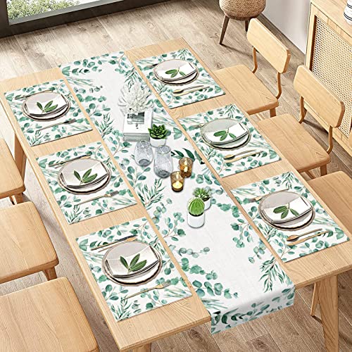 Eucalyptus Table Runner And Placemats Set Of 6, Green Leaves Seasonal Spring Summer Green Plants Dining Table Decor For Daily Use(1 Table Runner 72 Inches Long And 6 Placemats) #TOP8