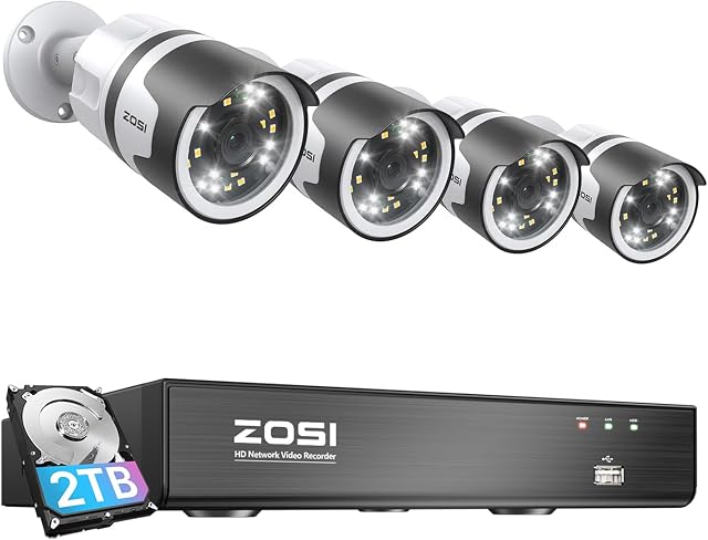 ZOSI 8 Channel 8MP 4K PoE NVR Security Camera System (16CH Expandable), 4 x Wired 5MP(3K) Bullet PoE IP Cameras Outdoor, 2-Way Talk, Human Detection, Sound & Light Alarm, 2TB HDD for 24/7 Recording