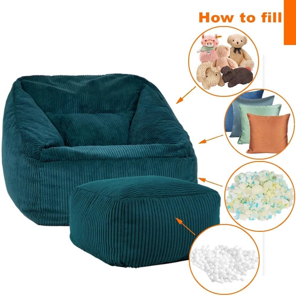 SXBCyan Sitzsack-Bezug Dicker Cord (Ohne Füllung), 1-sitziger Sitzsack-Stuhl, Weicher Pouf, Ottomane, Kinder-Erwachsene-Sitzsack-Stuhl, Fauler Sessel, Couch, Bodenbestuhlung(Beige White,2 in 1 Cover)