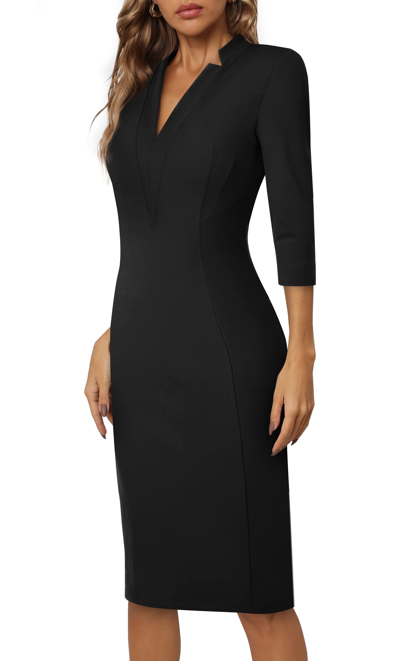 Homeyee Elegancka damska sukienka, z dekoltem w serek, rękawy 3/4, koktajlowa, retro, bodycon, sukienka ołówkowa, biznesowa, midi, sukienka kopertowa, B760