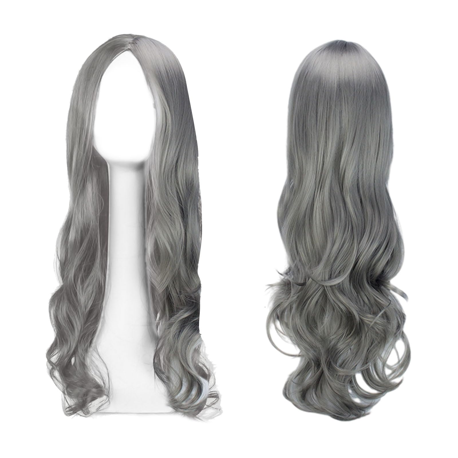 EUPSIIU Long Silver Grey Wave Wigs for Women 27’’ Long Curly Wigs, Ladies Fancy Dress Wig Synthetic Hair Wig