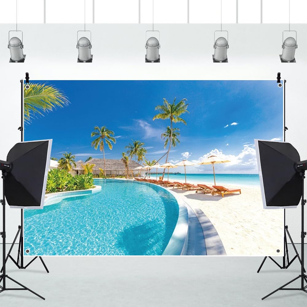 Amazon | Qinunipoto 海の背景 青い海背景布 1.5x1m ヤシの木 プール