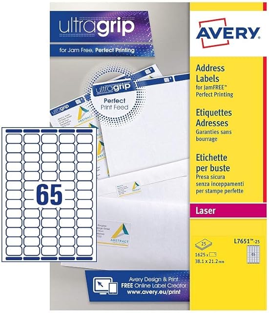 Avery Self Adhesive Mini Organising Return Address Labels, Laser Printers, 65 Labels per A4 sheet, 1625 labels, UltraGrip (L7651), white