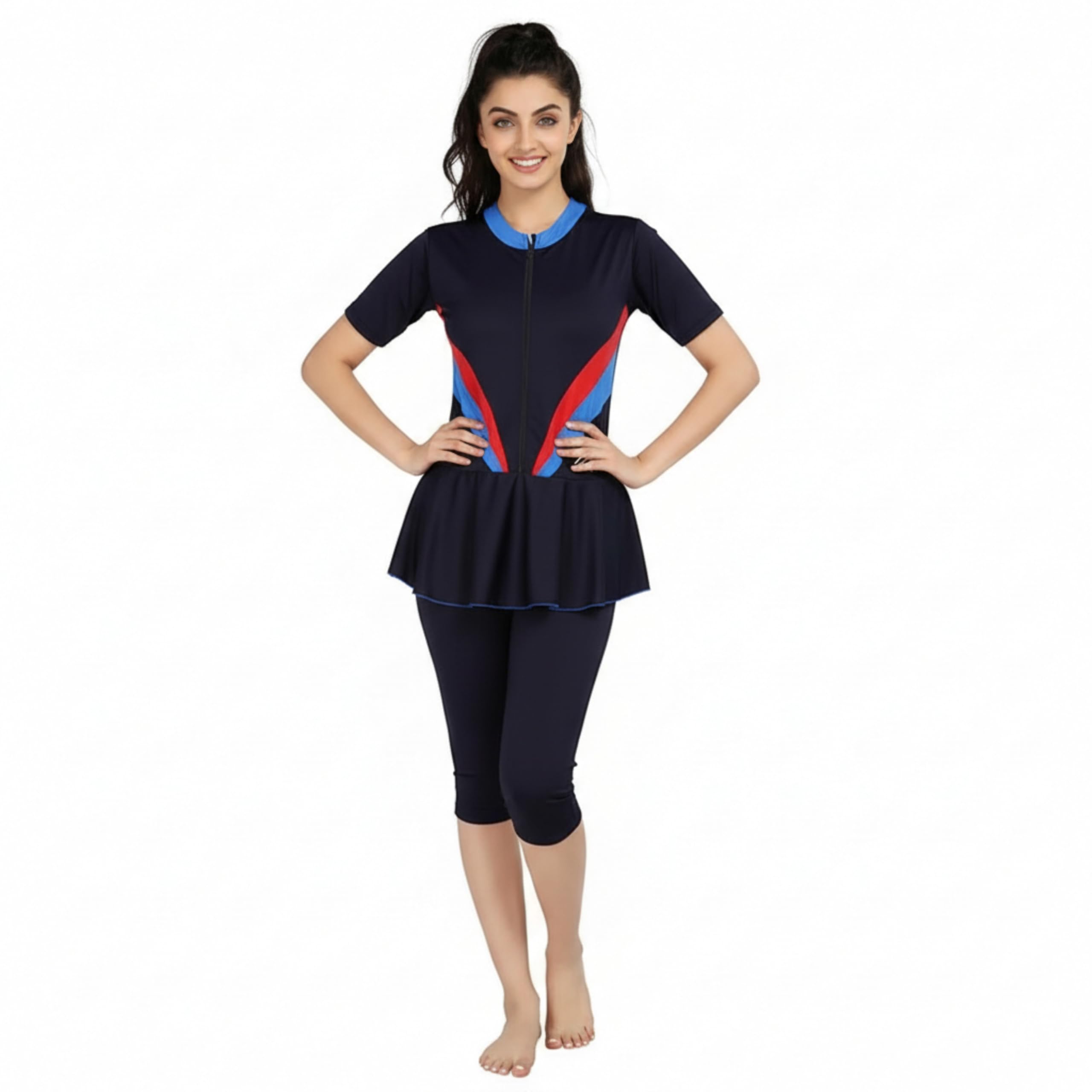 Women's Poly Jersy Frock Style Swimming Costume for Women Half Sleeves 3/4th Length with Front Zipper (Without Pads) with Inner Lining