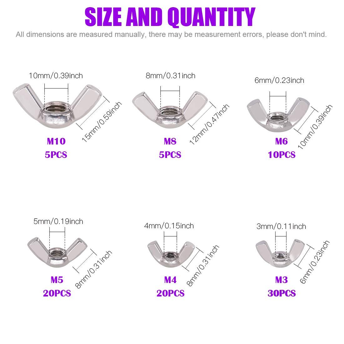 90Pcs 304 Stainless Steel Serrated Metric Wing Nuts Butterfly Nuts Hex Dome Cap Assortment Kit, 6 Sizes - M3 M4 M5 M6 M8 M10