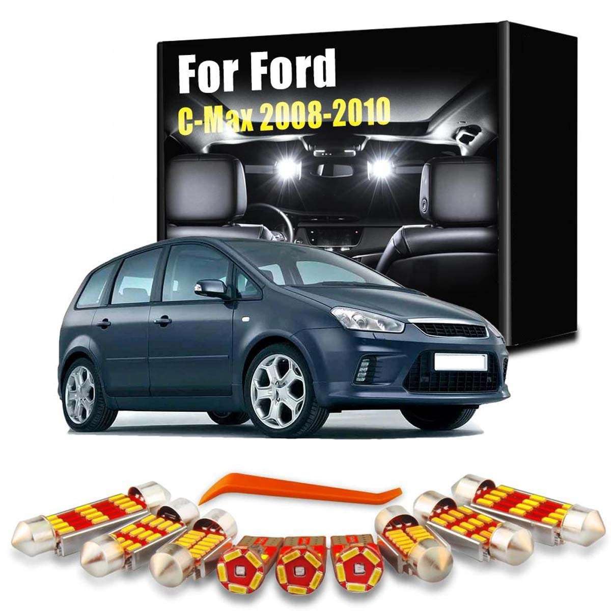 Kit de 14 Luces LED para Interior, Lectura, Maletero, Mapa, Techo y Parasol, para Ford C-MAX 2008 2009 2010. Accesorios para automóvil.