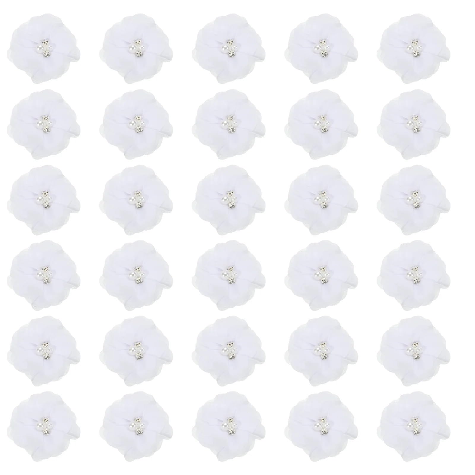 MDSRFGN Fabric Flowers 12/30pcs Chiffon Flowers Rhinestone Pearl Sewing Fabric Artificial Appliques For Clothing Wedding Craft(White,30Pcs)