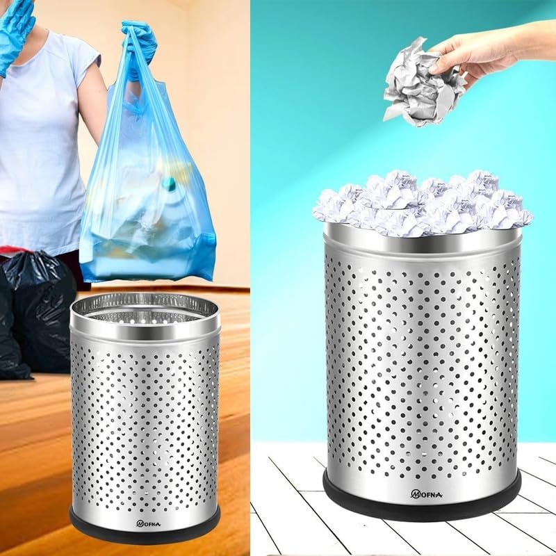 Image of mofna Stainless Steel Open Top Perforated Dustbin for Home 50L Trash Can with Anti-skid Base Waste Garbage Bin for Office, Bedroom, Kitchen & Commercial Use Silver